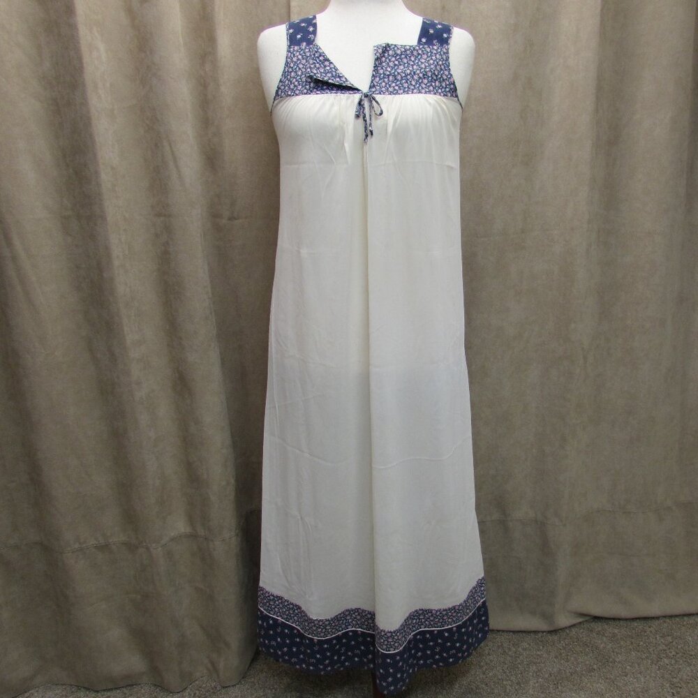 Vintage Sears JR Bazaar White Nylon Nightgown w/ Blue Floral Fabric Trim